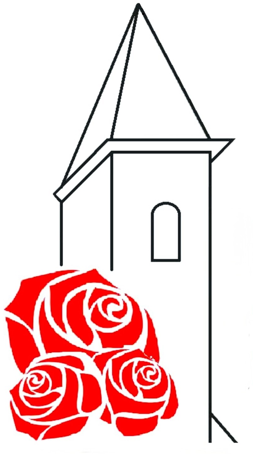 Illustratie van de klokker met rozen, het logo van feestzaal 't Rozenhof