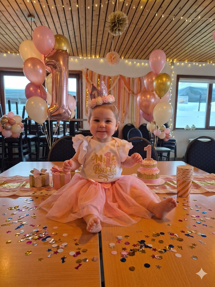 Eerste verjaardag gevierd met ballonnen en taart in de feestzaal