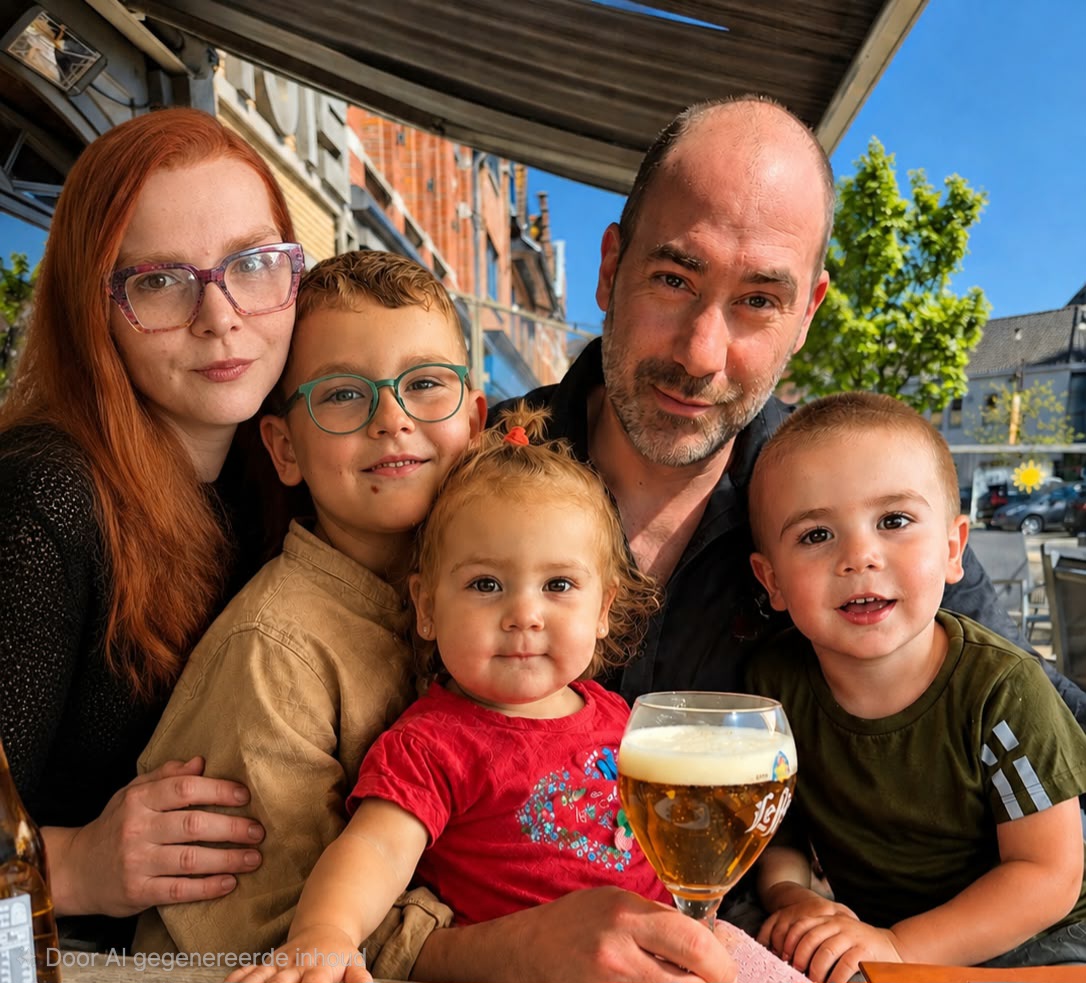 Evert en Jasmine met hun kinderen aan de toog van De Klokke