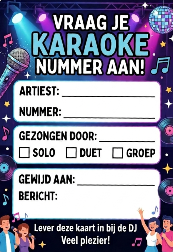 Aanvraagkaart voor karaoke in Café De Klokke